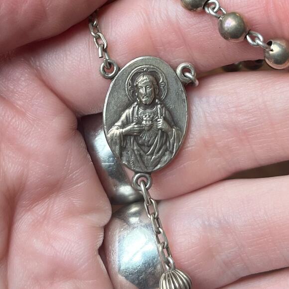 Vintage 1960s Hill Mark 925 STERLING Silver Rosary Bead Necklace Crucifix - Picture 5 of 16